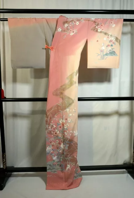 Japanese kimono  "HOUMONGI",Gold/Silver, Sign,Birds, Stream,Plants, L5' 5"..3154