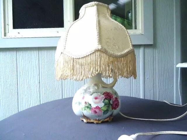 vintage porcelain pink roses table lamp tassel shade shabby chic