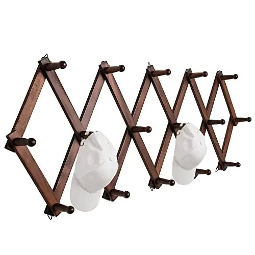 Hat Rack for Wall, Expandable Coat Rack with 16-inch Wooden 16 Hooks Brown
