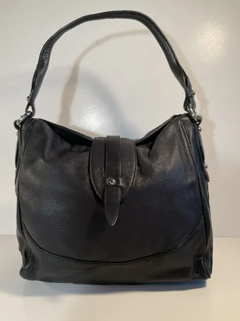 Perlina Black Pebble Leather Medium Shoulder Bag Magnetic Flap, Top Handle, Euc