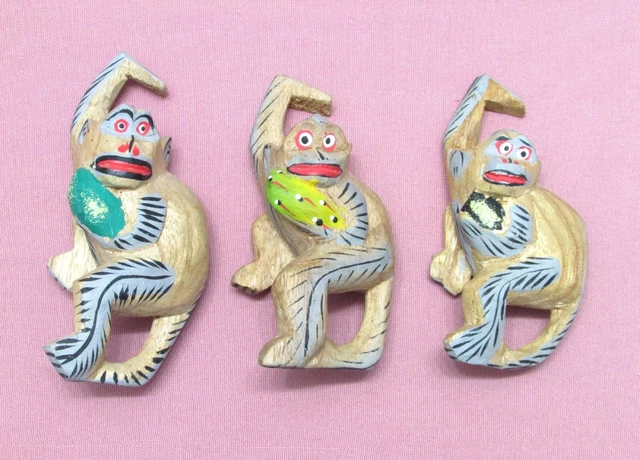 3 Pcs Vintage Hand Carved & Painted Wooden Hanging Monkeys