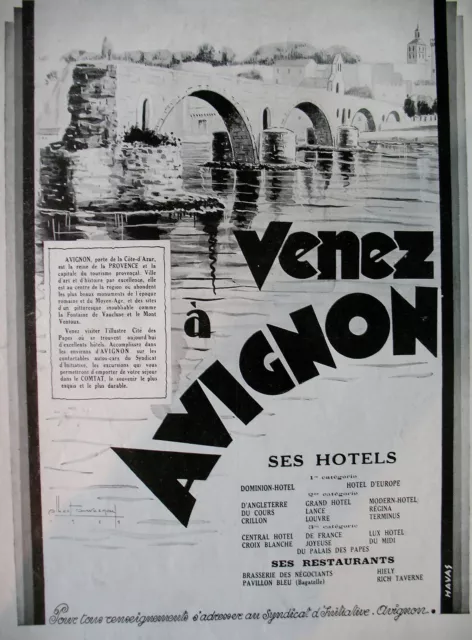 Publicite De Presse Tourisme En Avignon Pont Provence Ses Hotels French Ad 1929