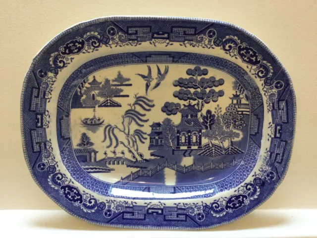 Antique Blue & White China “ Willow Pattern “ Meat Dish