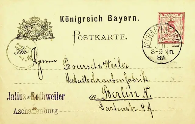 Deutschland Bayern 1887 5pf Postal Karte Von Aschaffenburg Sich Berlin