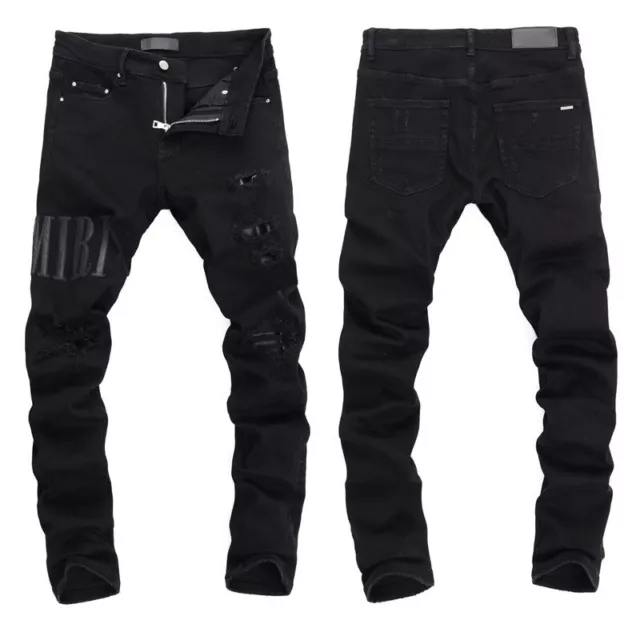 Men's Punk Ripped Elastic Slim fit Jeans， Retro Classic High Quality Black Pants