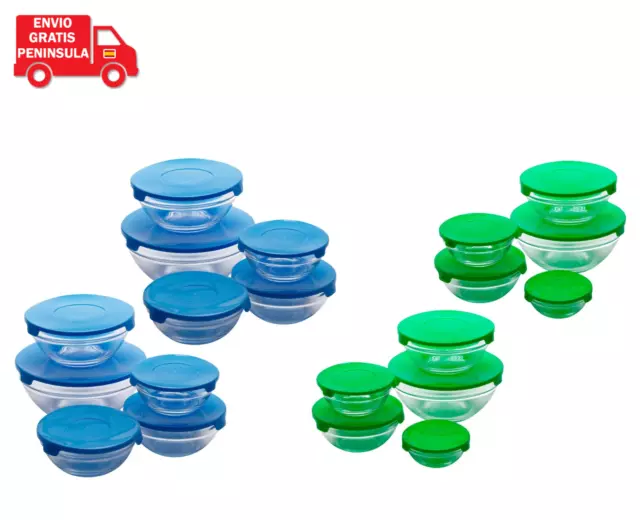 Pack de 10 tuppers de vidrio en color azul o verde aptos para microondas