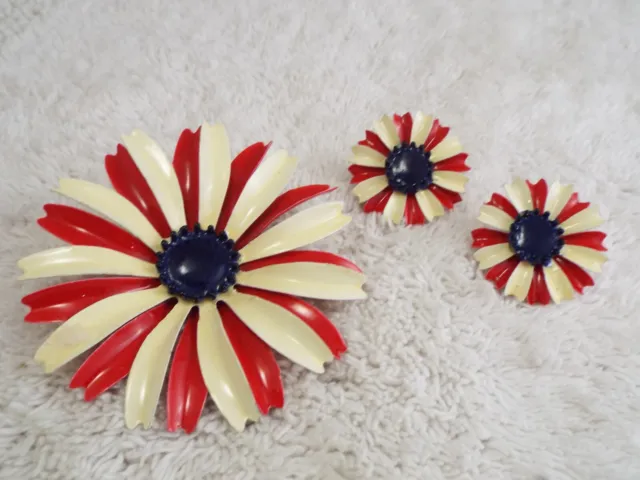 Red White Blue Enamel Flower Pin + Clip Earrings Set (G4)