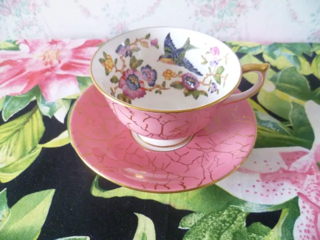 Aynsley English China Tea Cup & Saucer Blue Bird Gold Lines 2971 Pink Harlequin