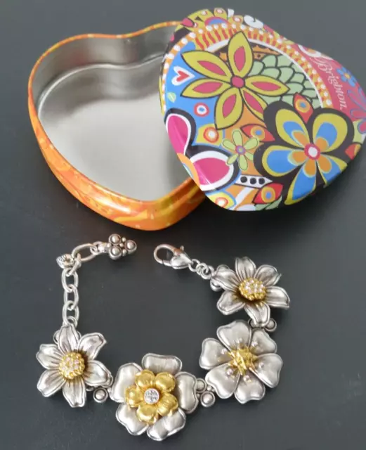 Quality! BRIGHTON Garden Flower Link Gold & Silver Tone with Crystal Centered