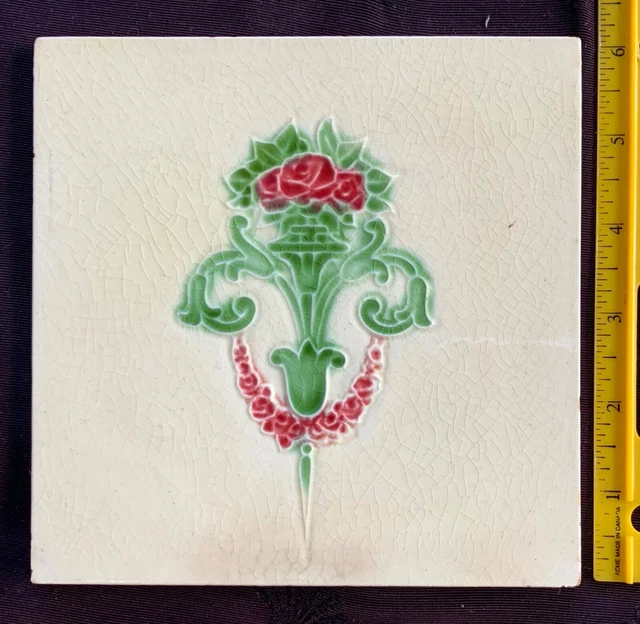 5 antique English Art Nouveau tiles 2 T & R Boote, 3 unknown mfg, all tubelined 16