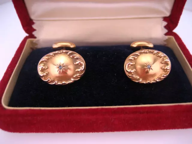 Antique Victorian era 14K Bloom Gold & Diamond Emboss Repousse Cufflinks Buttons 2