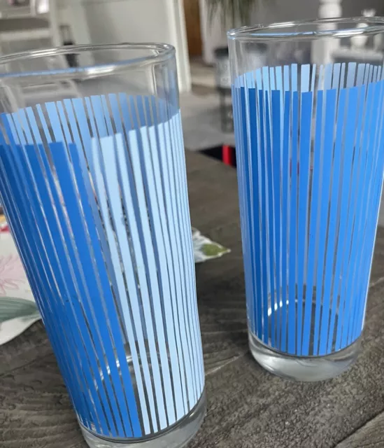 Set Of 2 Ocean Thailand Vintage MCM Tri- Blue stripe Highball Glass