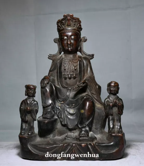 10" Old Tibet Buddhism Bronze Boddhisattva Guan Yin Goddess Tongzi Buddha Statue