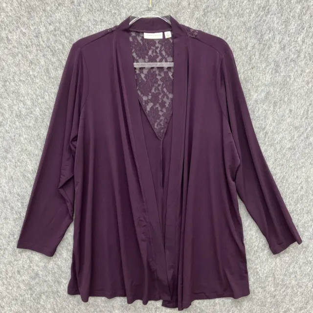 Susan Graver Liquid Knit Open Cardigan Womens Plus 1X Purple Lace Inset A270311