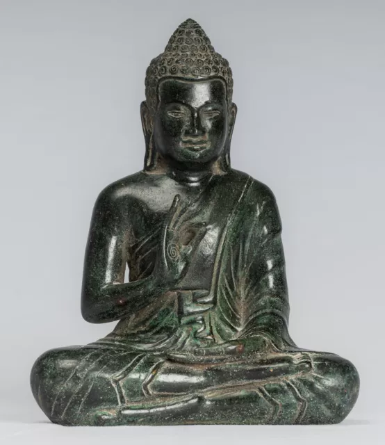 Buddha - Antique Khmer Style Seated Bronze Teaching Buddha Statue - 20cm/8"