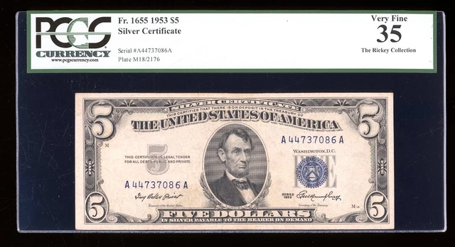 DBR $5 1953 Silver Fr. 1655 AA Block PCGS 35 Serial A44737086A