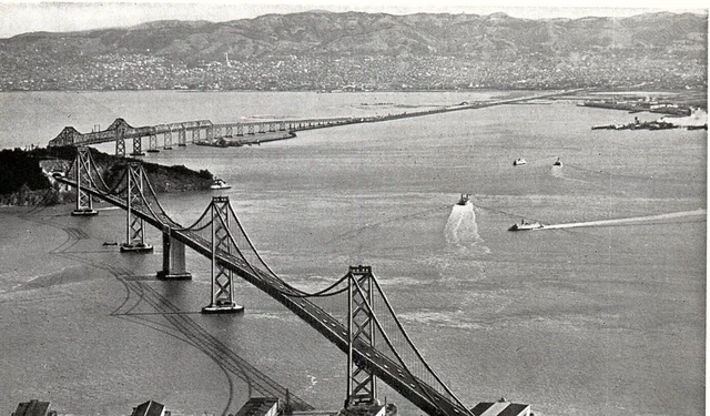 1930s SAN FRANCISCO CALIFORNIA OAKLAND BAY BRIDGE AIRPLANE VIEW POSTCARD P279