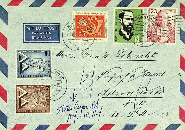 Deutschland 1957 Flora & Philatelie 5v Auf Luftpost Abdeckung Nürnberg To Ny USA