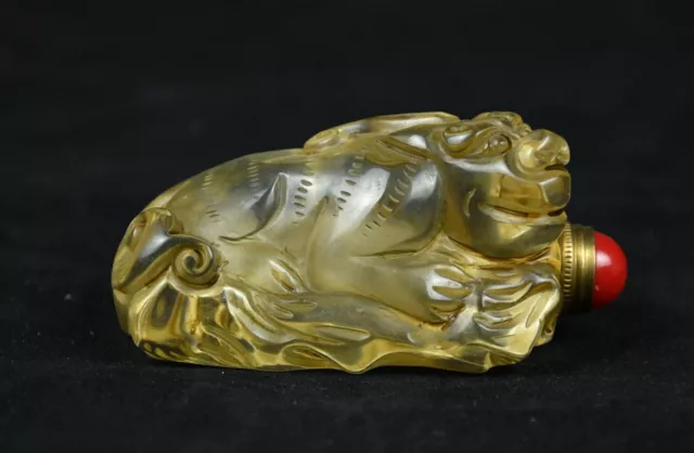 7 CM  China Dynasty Ancient Yellow Crystal Carved Dragon Snuff Bottle Snuff Box
