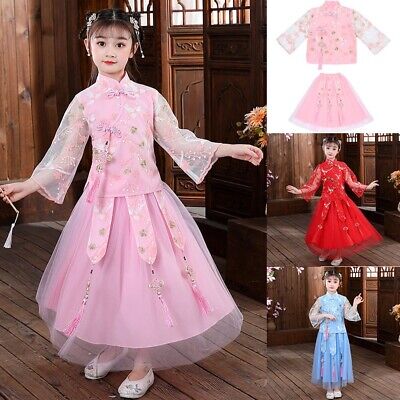 Ragazza ricamato Tang Suit Mesh Sleeve Cheongsam Outfit Chinese Tops and Skirt
