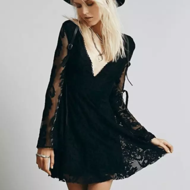 Free People Black Reign Over Me Lace Mini Flare Dress ASO Elena Gilbert TVD 8