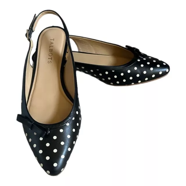 Talbots Leather Black Polka Dot Slingback Point Toe Flats Size 7.5 Gold Heel