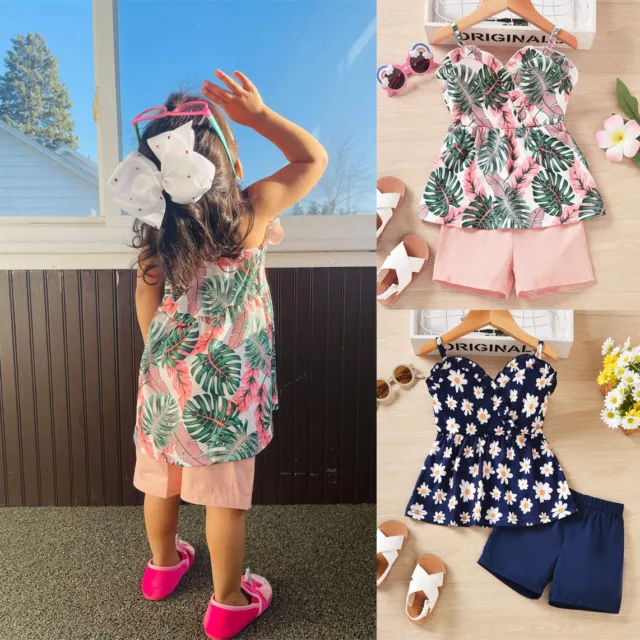 Toddler Kids Baby Girls Flower Ruffle Dress Tops Shorts  Outfits Summer Clothes