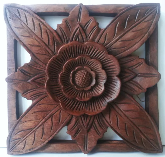 Sunflower Frang Wood Hand Carved Wall Art Hanging Panel Plaque Carving Bali 20Cm