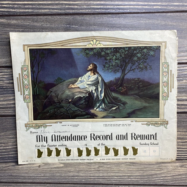 VINTAGE SUNDAY SCHOOL Church Attendance Record Reward Card Christ In vintage-sunday-school-church-attendance-record-reward-card-christ-in