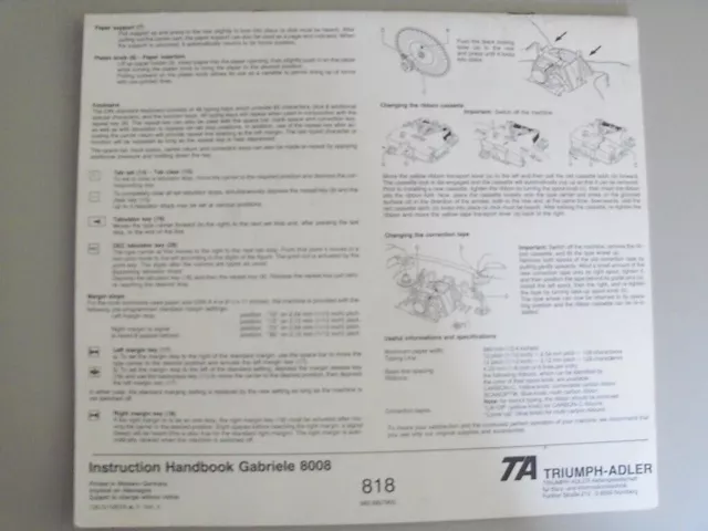 Instrucciones Máquina de escribir TRIUMPH ADLER Gabriele 8008 COPIA - Correo electrónico/CD