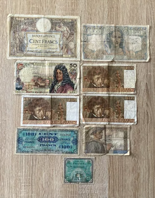 FRANCE   Lot de 9 billets français de banque  2 / 10 / 50 / 100  et  1000 FRANCS