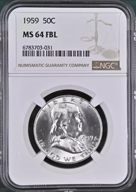 :1959-P 50C Franklin Half Dollar Select NGC MS64 FBL Full Bell Lines Blast White