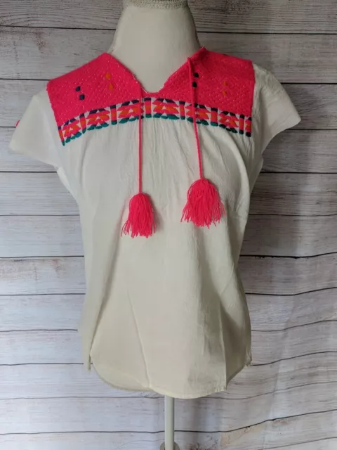 Mexican Embroidered Handmade Blouse  Size M Neon Pink