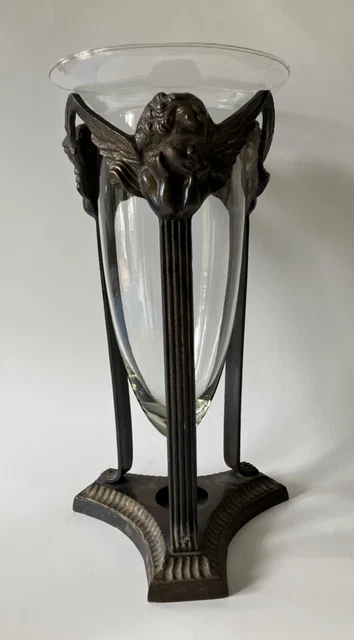 Vintage Clear Glass Vase with Metal Winged Cherubs Stand 