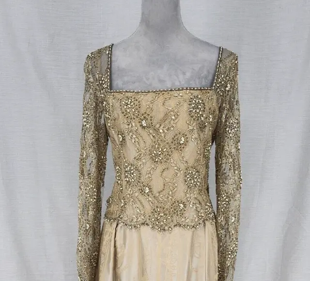 Badgley Mischka Dress Gown Sz 14 Womens Gold Beige Sequins Lace Beading MOB MOG 2