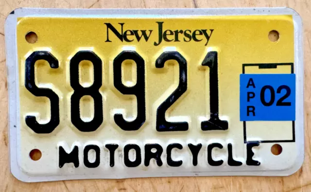 2002 New Jersey  Motorcycle Cycle  License Plate " S 8921 " Nj 02