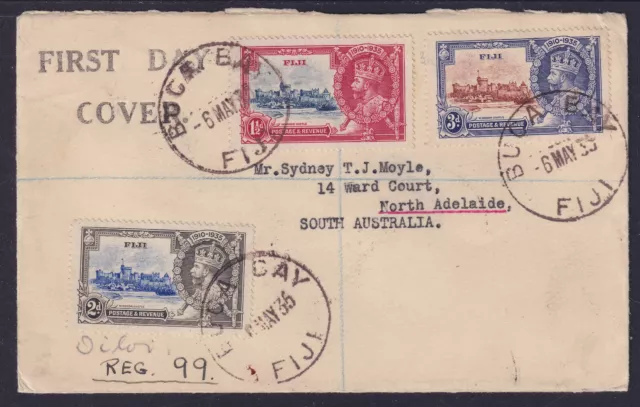 1935 Silver Jubilee Fiji Set of 3 on FDC to Aust. Registered. BUCA BAY cancel.