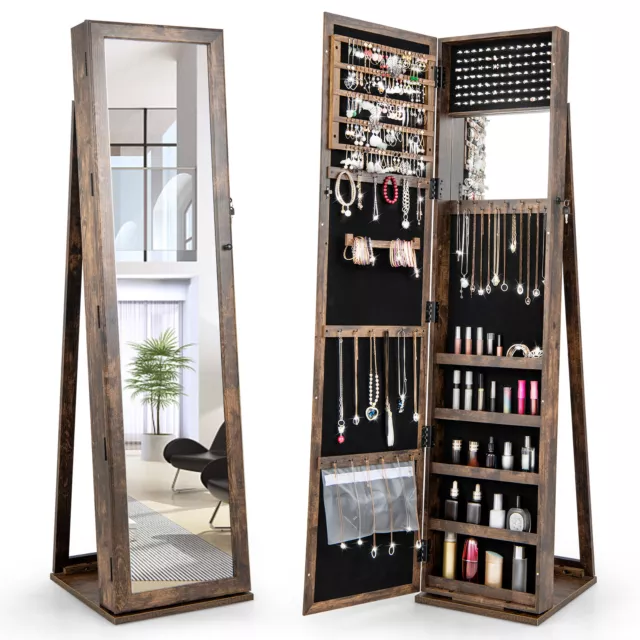 Mirrored Jewelry Cabinet Armoire Lockable Standing Storage Organizer W/ Shelf