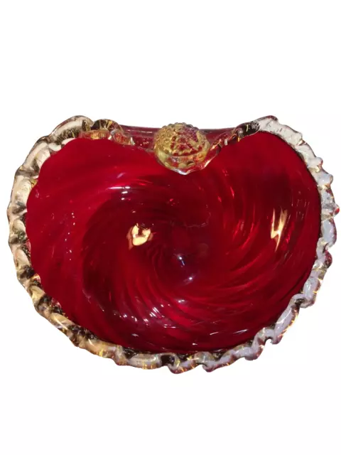 Vtg Ruby Red And Gold Aventurine Swirled Murano Glass Bowl Dish 6 Inches Wide