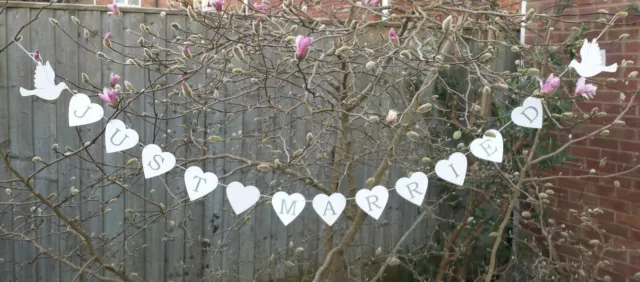 White Wood Just Married Heart Bunting Wedding Vintage Decoration Banner Dove
