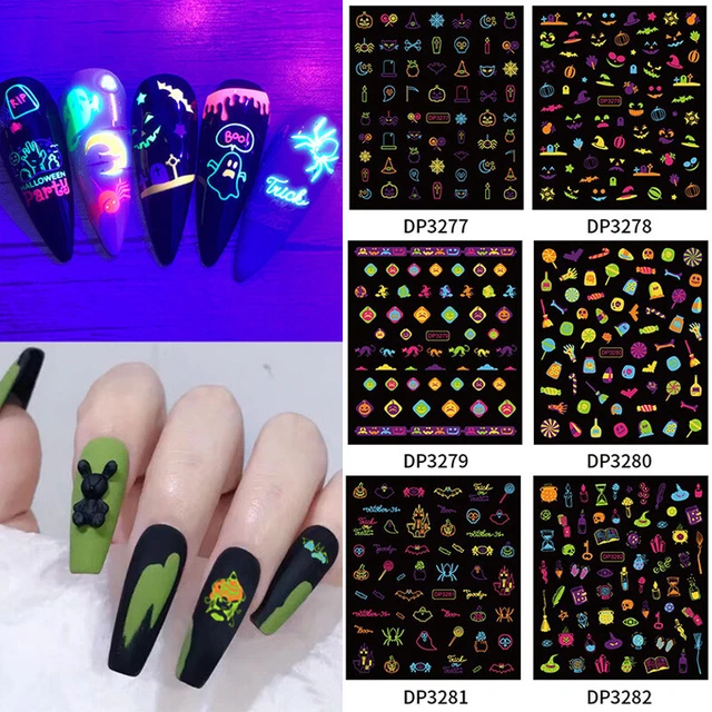 Pegatina para uñas fluorescente brillante Halloween calabaza araña hazlo tú mismo ❤