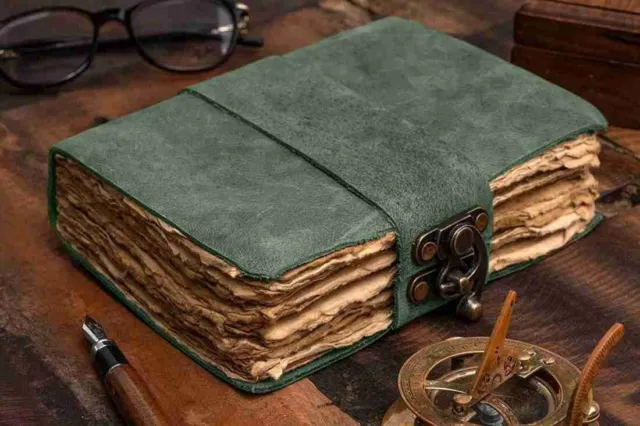 Vintage Leather Journal Notebook Green Handmade Unique Antique Deckle Edge Paper