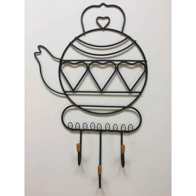 Kettle Teapot Shaped Metal 3 Key Hooks Kitchen Decor Wall Hanging Art Plaque