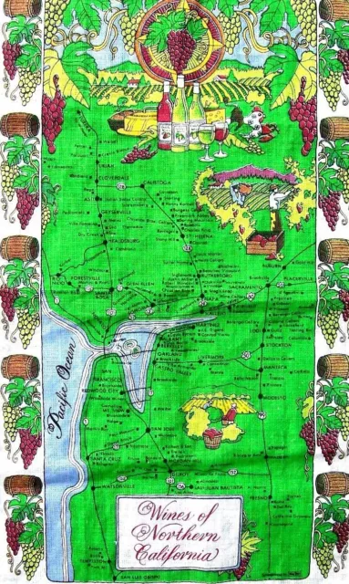 Vintage California Wine Map Napa Valley Sonoma Unique Tea Towel Wall Hanging