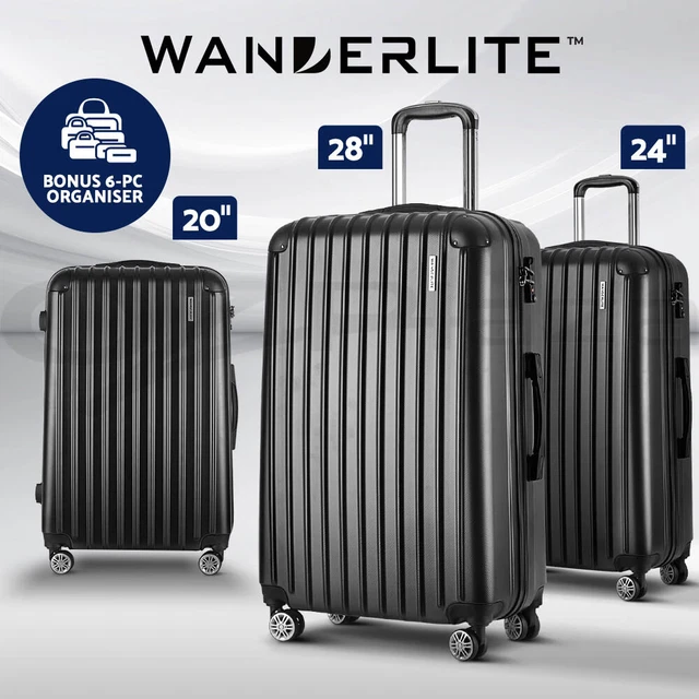 Wanderlite 3pcs Luggage Set Travel Suitcase Storage Organiser TSA Black