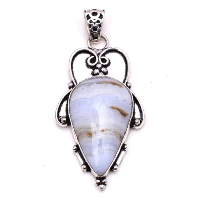Blue Lace Agate Gemstone 925 Sterling Silver Jewelry Handmade Pendant 2.48"