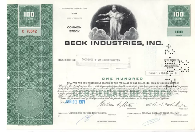Beck Industries, Inc. - Original Stock Certificate -1971 - C70542