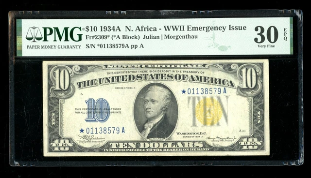 DBR 1934-A $10 North Africa Silver STAR Fr. 2309* PMG 30 EPQ Serial *01138579A
