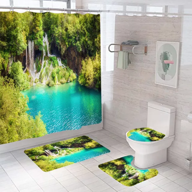 Beautiful Scenery Shower Curtain Set Thick Bath Rugs Bath Mat Toilet Lid Cover