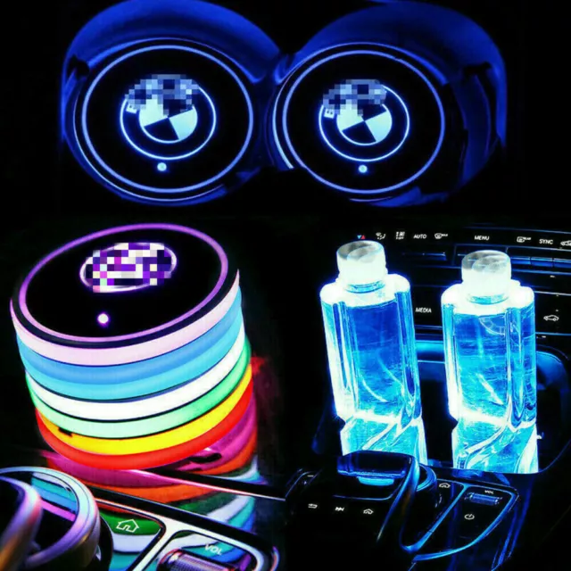 2pc Colorful Led Car Cup Holder Bottom Pad Mat Auto Atmosphere Fit For BMW